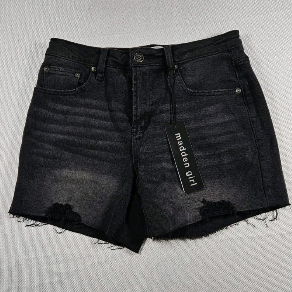 NWT Madden Girl Womens 90s Bermuda Black Denim Shorts Distressed Size 7